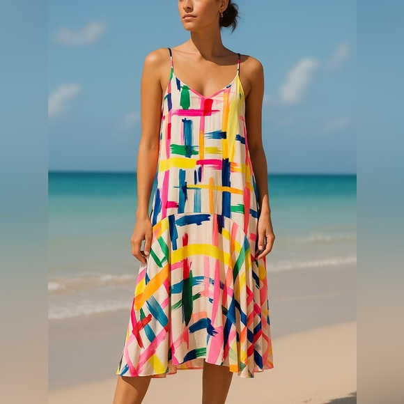 Essentiel Antwerp Colorful Abstract Maxi Dress Strappy Vacation Statement - Picture 1 of 7